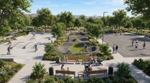 Conceptual skate park, pump track and basketball courts at Corona City Park