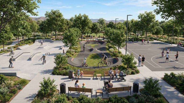 Conceptual skate park, pump track and basketball courts at Corona City Park