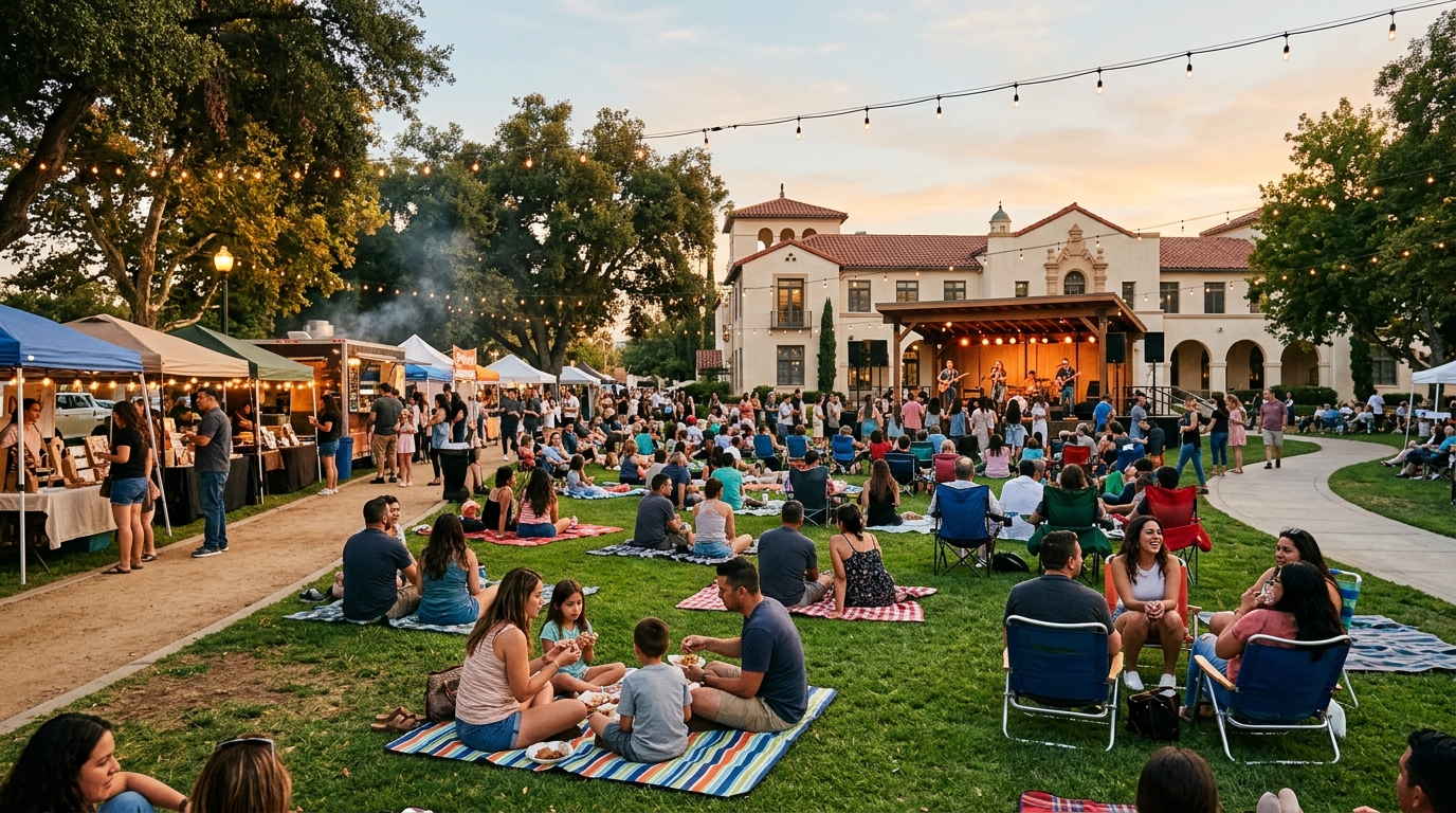 Families enjoying live music at the Corona Summer Street Fair