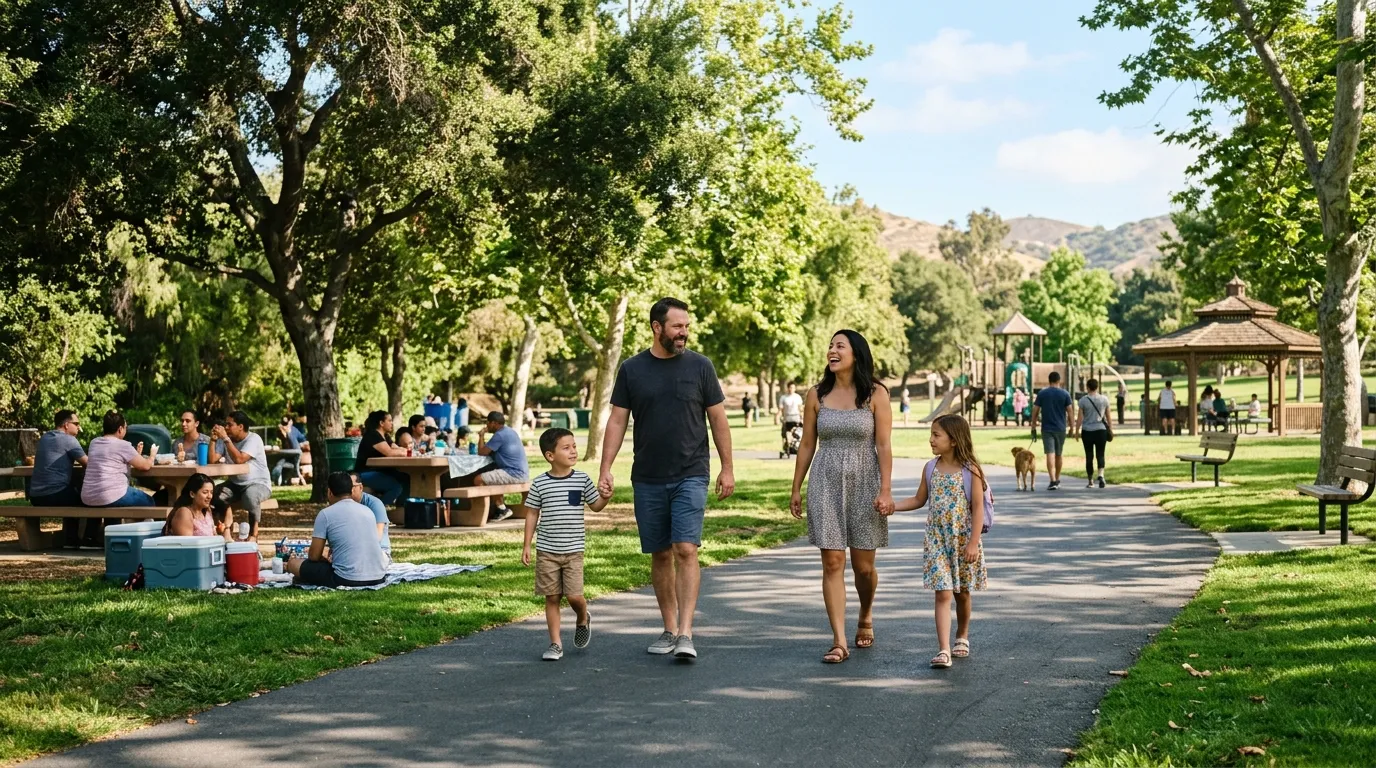 Family enjoying a shaded park during a Corona weekend