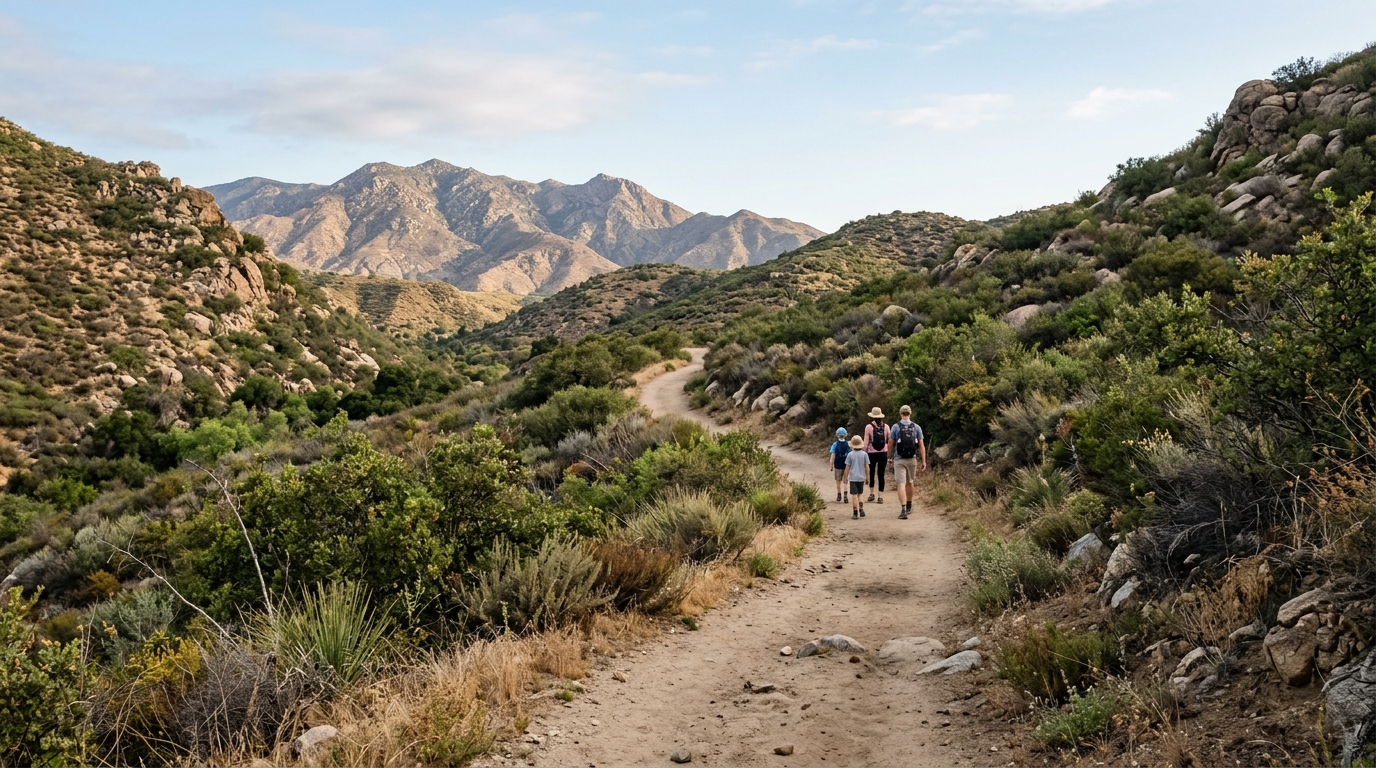 Family hiking through Tin Mine Canyon near Corona