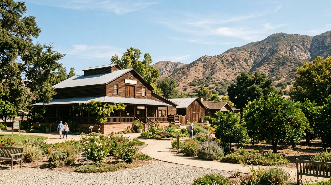 Historic citrus buildings and gardens at Corona Heritage Park