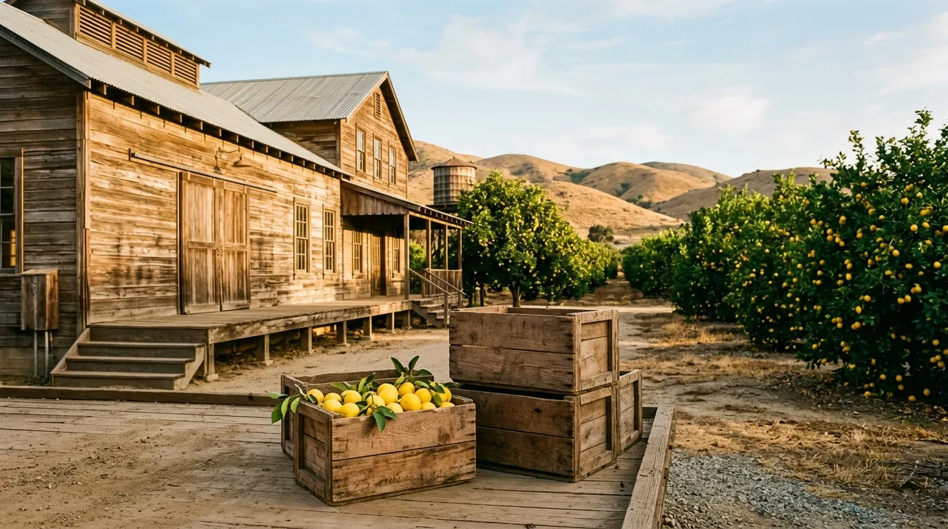 Historic citrus buildings and grove at Corona Heritage Park