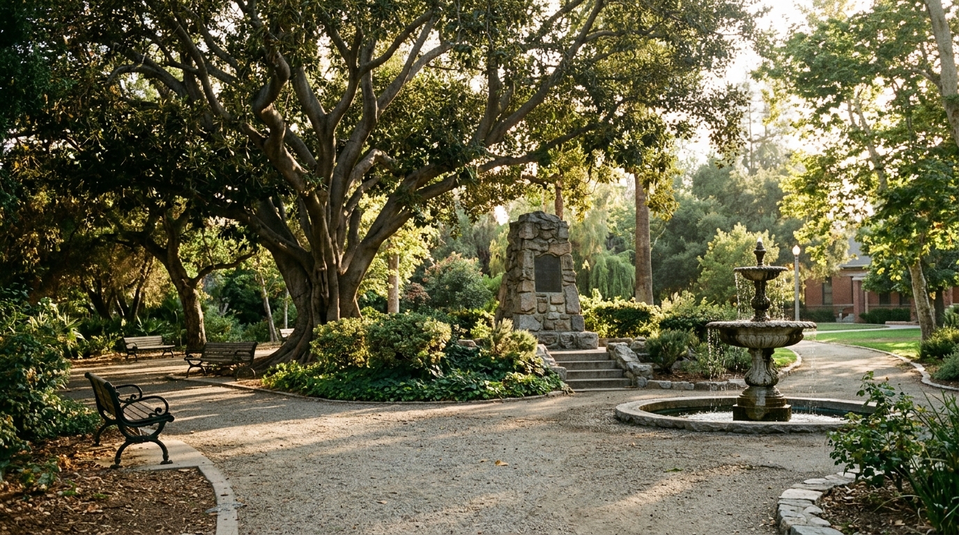 Historic fountain, fig tree and preserved features at Corona City Park