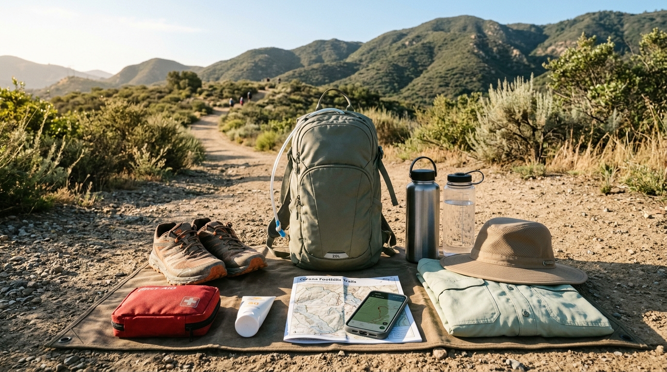 Water and sun-protection equipment for a summer hike in Corona