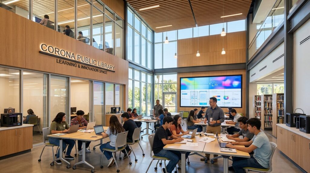 Conceptual Corona Innovation Center with technology learning and collaboration spaces