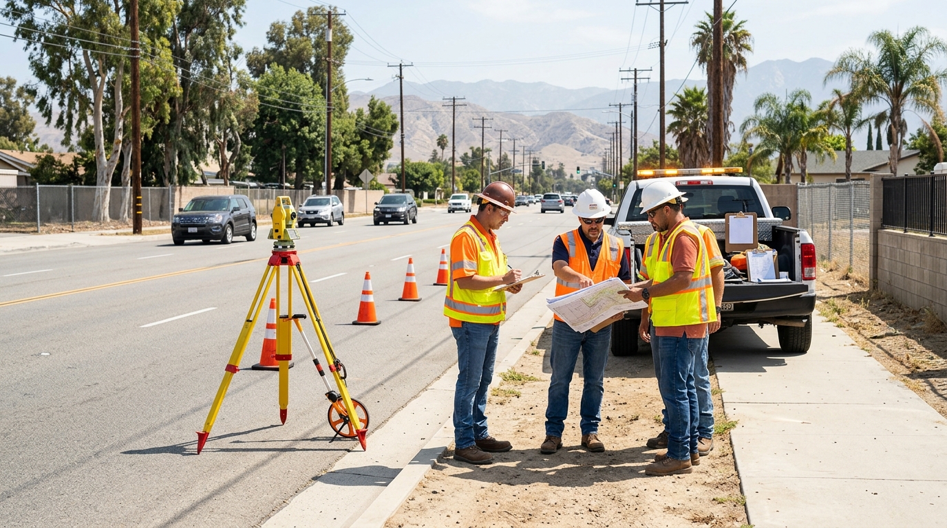 Engineers reviewing design plans for future street improvements in Corona California