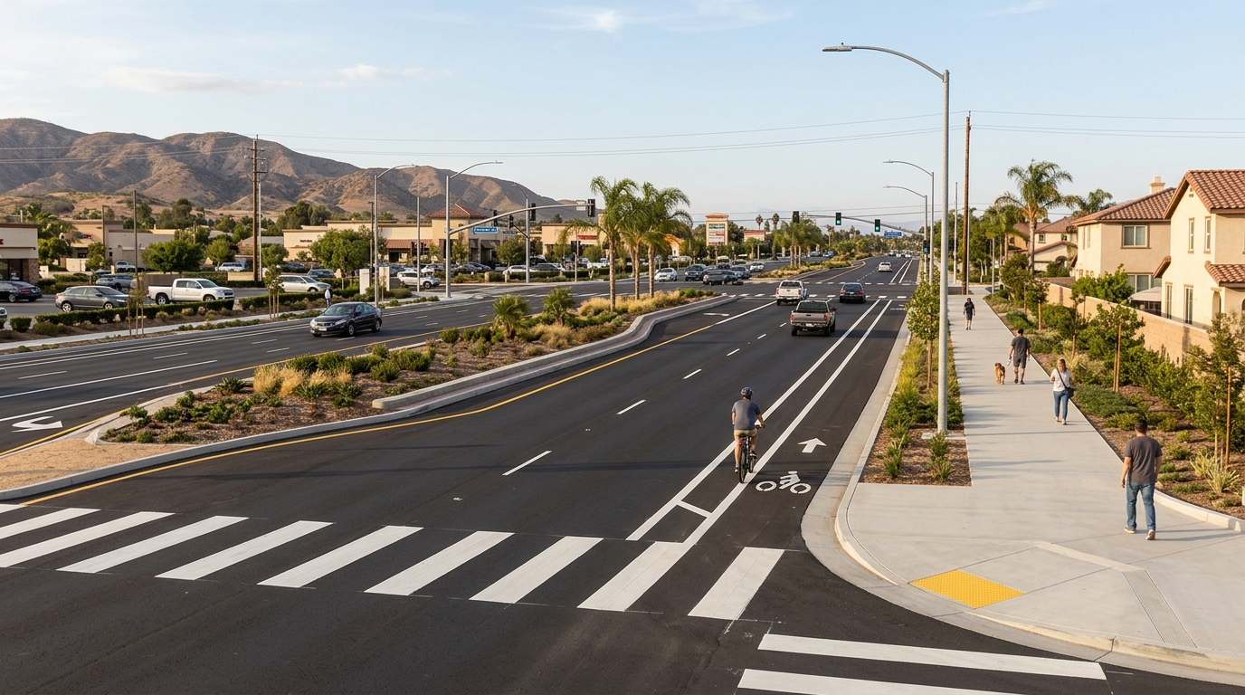 Planned road bike lane and sidewalk improvements along Ontario Avenue in Corona