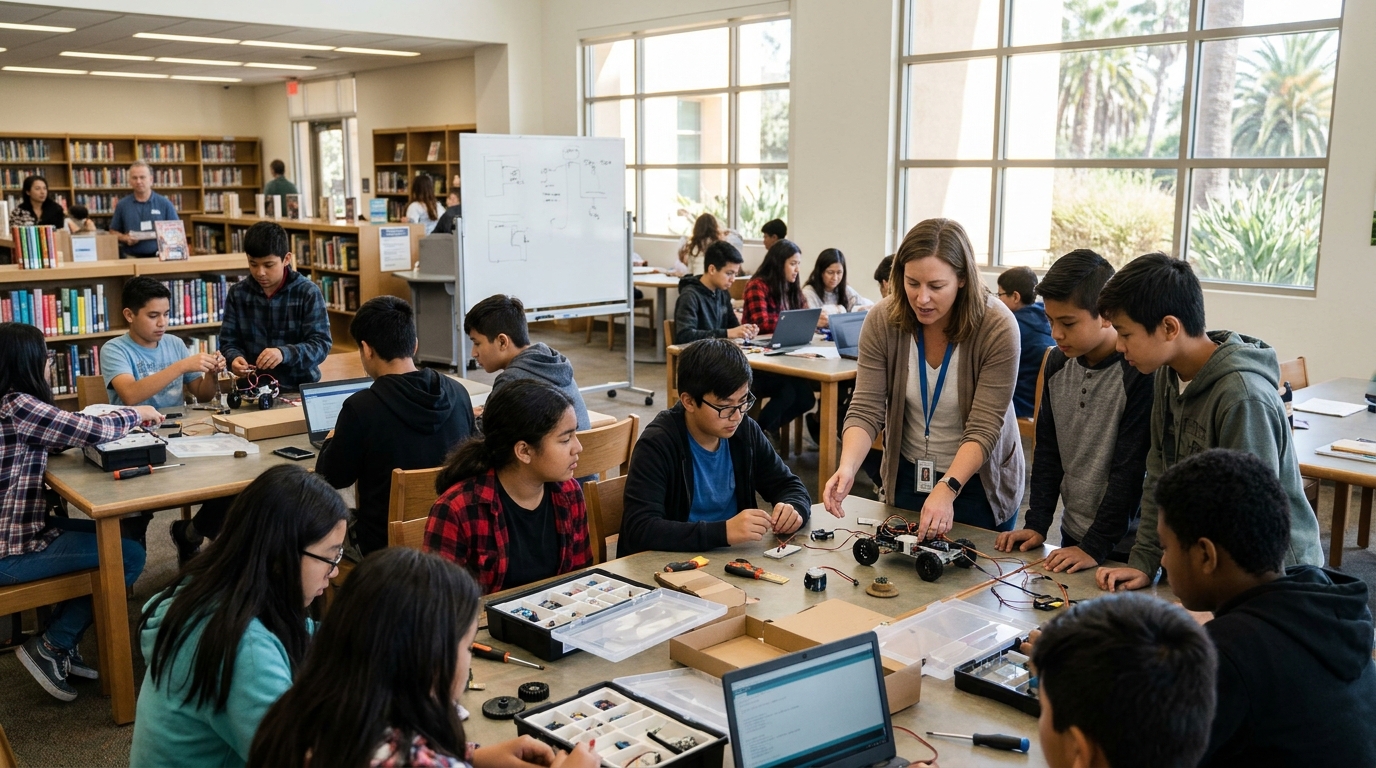 Students learning science and technology skills in a public library STEM workshop