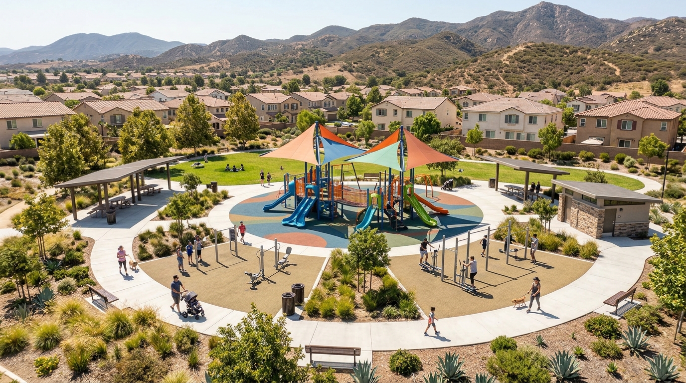 Conceptual Griffin Park Phase II upgrades in Corona with playground, shade, and fitness equipment
